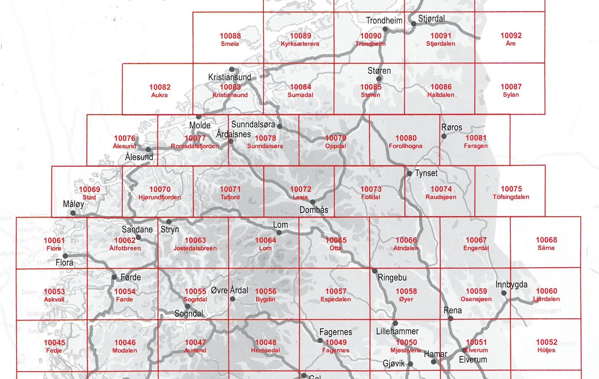 Overzicht topografische kaarten Noorwegen Midden 1:50.000 Norge Serien