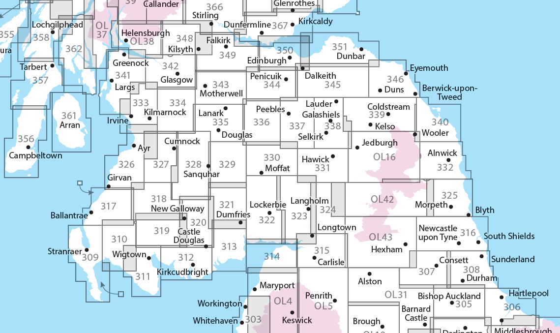 Overzichtskaart Explorer 25.000 topografische kaarten Zuid Schotland - Borders