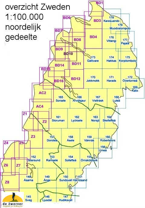 Overzicht wegenkaarten 1:100.000 Noord Zweden - Lantmariet